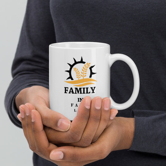 Family In Faith White glossy mug